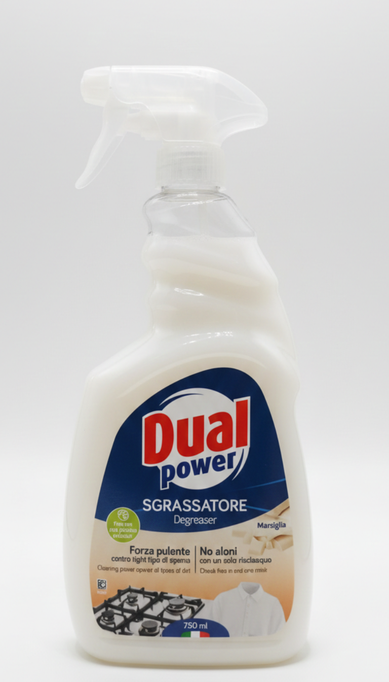 Dual Power Sgrassatore Universale 750ml Profumo di Marsiglia | Formula Professionale Ultra Sgrassante | Per Cucina, Superfici e Tessuti | Senza Aloni | Flacone in Plastica Riciclata