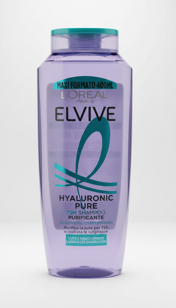 L'Oréal Elvive Shampoo Hyaluronic Pure Purificante Maxi 400ml – Con Acido Salicilico per Cute Grassa e Lunghezze Disidratate