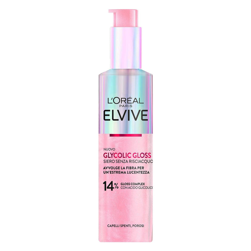 L'Oréal Paris Elvive Glycolic Gloss Siero Senza Risciacquo 150ml con Acido Glicolico e Gloss Complex, trattamento leave-in che riduce il crespo fino al 75%, sigilla le cuticole e dona ai capelli una lucentezza effetto specchio senza appesantire.