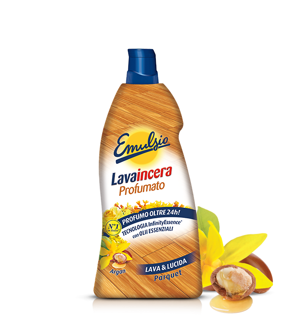 Emulsio Lavaincera Parquet Argan | 875 ml | Tripla Azione Lava Lucida e Profuma | Infinity Essence 24h | Per Legno Verniciato e Laminato