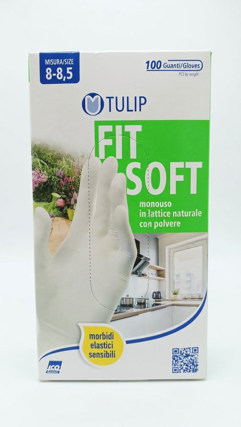 Tulip Fit Soft Guanti Monouso in Lattice Naturale con Polvere 100 Pezzi | Misura L (8-8,5) | Elastici e Sensibili per Uso Domestico