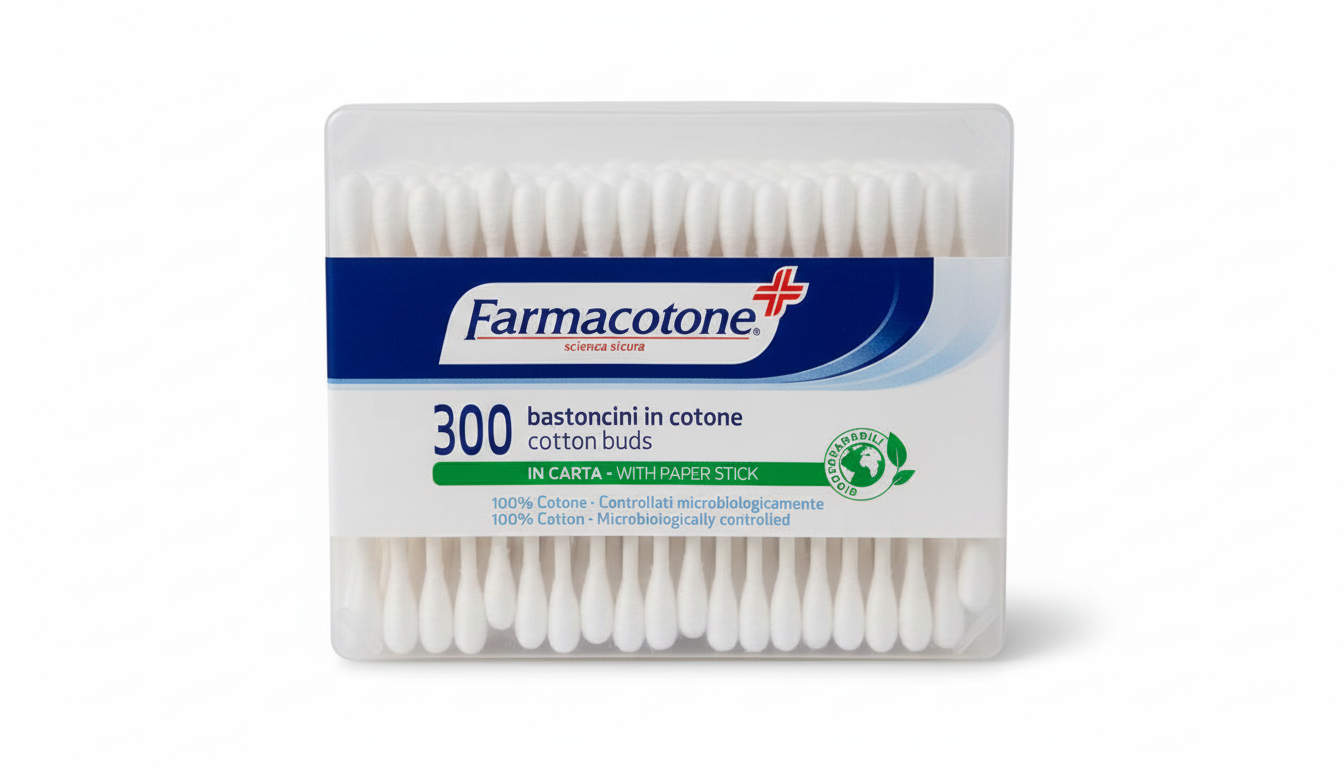 Farmacotone Bastoncini Cotonati Biodegradabili 300 pz | 100% Cotone Idrofilo Microbiologicamente Controllato | Fusto in Carta Ecologica | Made in Italy