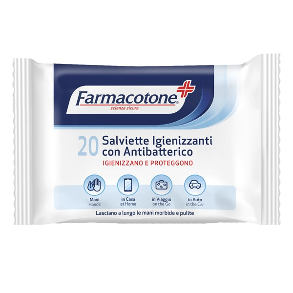 Farmacotone Salviette Igienizzanti con Antibatterico (20 Pezzi) | Per Mani e Superfici | Igiene e Freschezza Senza Risciacquo | Formato Tascabile