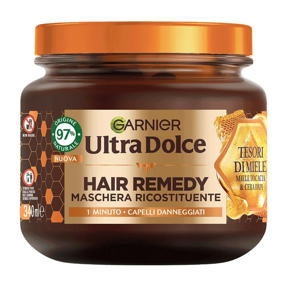 Garnier Ultra Dolce Maschera Riparatrice Tesori di Miele 340ml – Rimedio 1 Minuto con 3 Mieli per Capelli Danneggiati