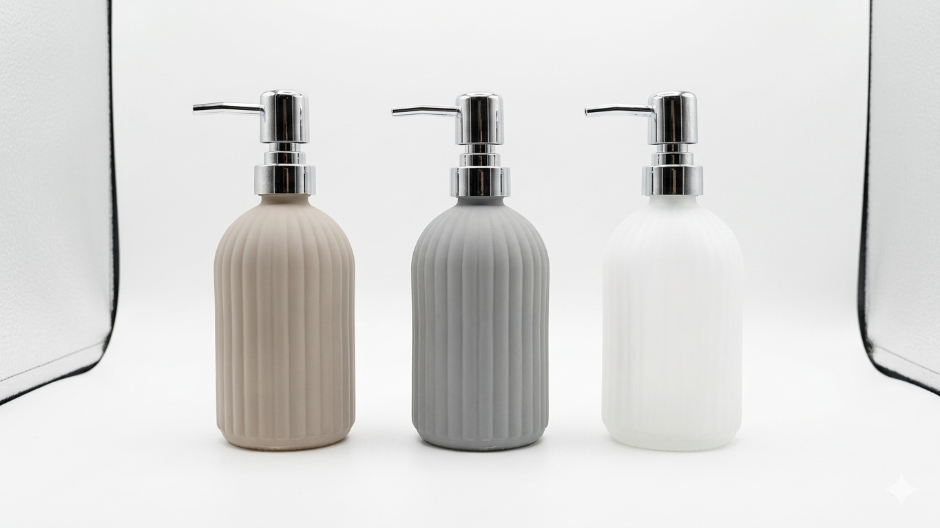 Kasaviva Dispenser Sapone Liquido in Vetro Satinato 500 ml | Dosatore per Bagno e Cucina con Erogatore Cromato | Disponibile in Tortora, Grigio e Bianco