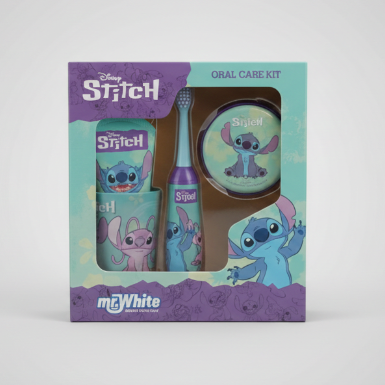 Mr. White Kit Igiene Orale Bambini Disney Stitch | Set 4 Pezzi | Spazzolino Elettrico a Batteria + Dentifricio 75ml + Bicchiere + Scatola in Latta | Idea Regalo Bambino