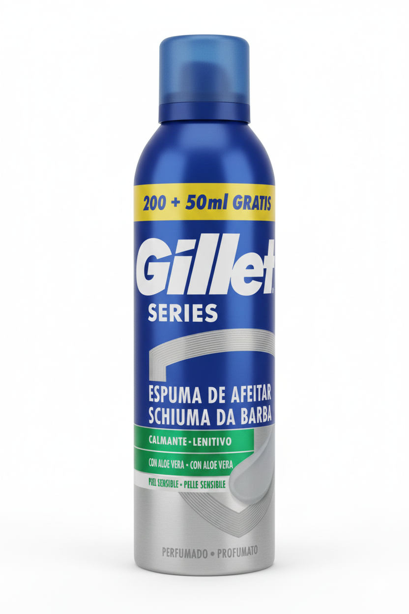 Gillette Series Schiuma da Barba Lenitiva 250ml (200ml + 50ml Gratis) – Con Aloe Vera per Pelli Sensibili – Difesa Completa Anti-Irritazioni