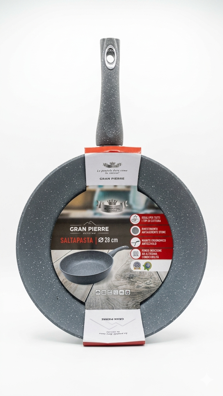 Padella Saltapasta Gran Pierre 28 cm – Alluminio Pressofuso Induzione – Rivestimento Antiaderente Stone – Wok Professionale ad Alto Spessore
