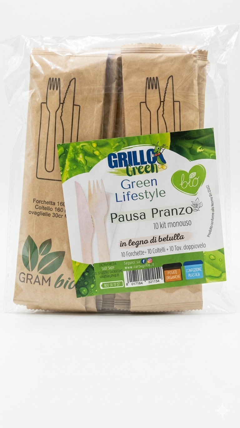 Grillo Green Pausa Pranzo | 10 Kit Posate Monouso in Legno di Betulla | Include Forchetta, Coltello e Tovagliolo 2 Veli | Soluzione Eco-Friendly per Ufficio e Picnic