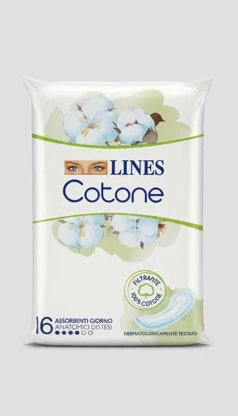 LINES Cotone Assorbenti Sottili Giorno Anatomici 16 Pezzi | Filtrante 100% Cotone sulla Pelle | Ipoallergenico e Traspirante | Approvato dai Ginecologi AOGOI | Con Ali a Farfalla