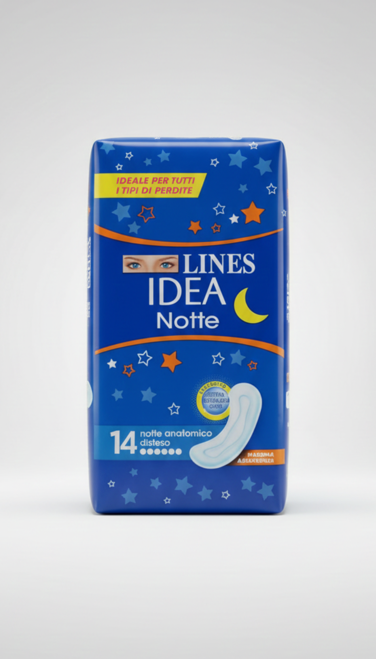 Lines Idea Notte Assorbenti Anatomici Distesi 14 Pezzi | Protezione Notturna Flussi Abbondanti | Tecnologia Neutralizza Odori | Massimo Sostegno e Comfort Dermatologico