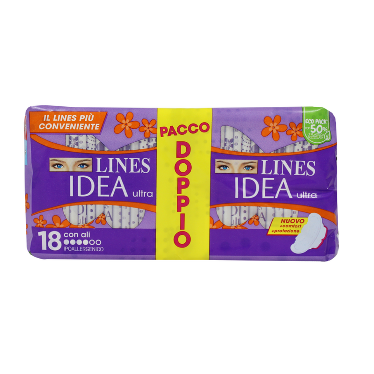 LINES Idea Ultra Giorno con Ali Pacco Doppio 18 Pezzi | Super Assorbente con Tecnologia Neutralizza Odori | Ali con Area Adesiva Maggiorata per Massima Stabilità | Eco-Pack 50% Plastica Riciclata