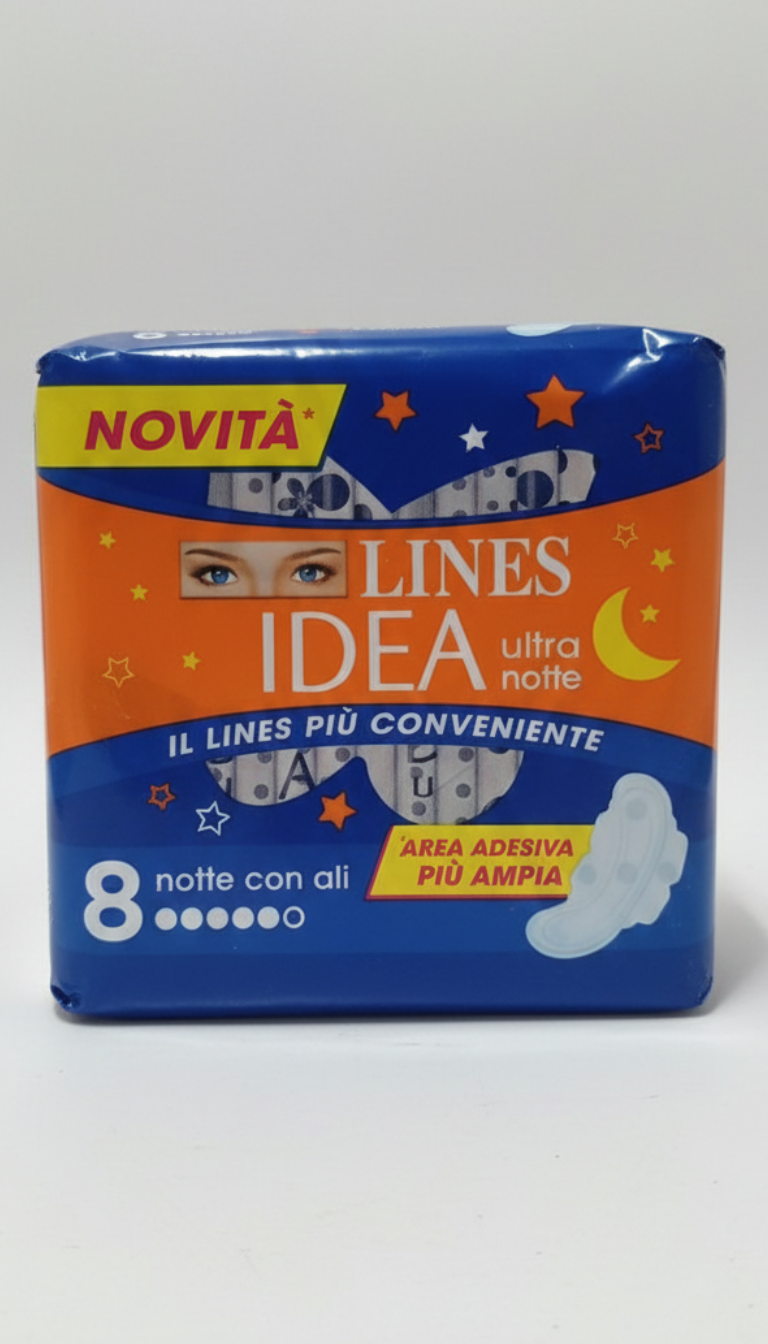Lines Idea Ultra Notte con Ali 8 Pezzi – Assorbente Notte Super Assorbente con Tecnologia Neutralizza Odori – Ali Extra-Adesive per Massima Stabilità – Eco-Pack 50% Plastica Riciclata