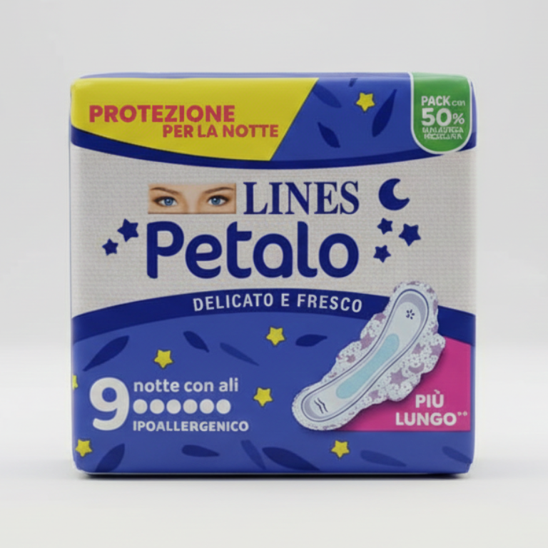 LINES Petalo Blu Assorbente Notte con Ali 9 Pezzi | Protezione Ipoallergenica Delicata e Fresca | Design Notturno Ultra-Assorbente | Eco-Pack 50% Plastica Riciclata