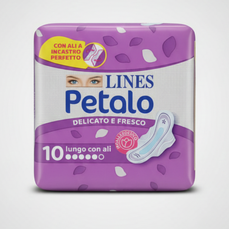 LINES Petalo Lungo con Ali 10 Pezzi | Assorbente Ultra Lungo Ipoallergenico per Flussi Abbondanti | Ali a Incastro Perfetto per Massima Stabilità | Confezione 50% Plastica Riciclata