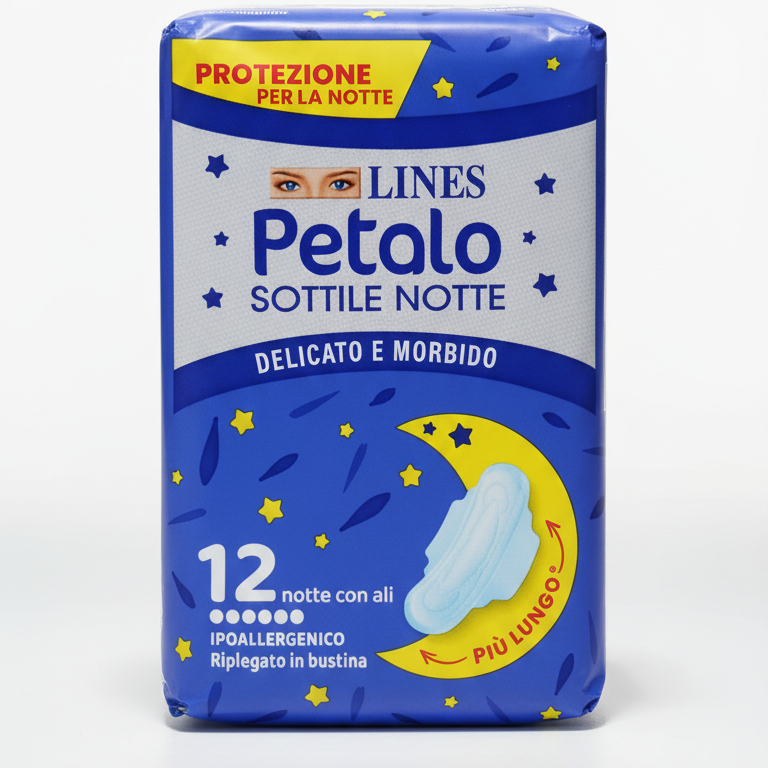 Lines Petalo Soft Notte con Ali 12 assorbenti ipoallergenici, filtrante traspirante effetto seta, assorbenza 6 per flussi abbondanti.