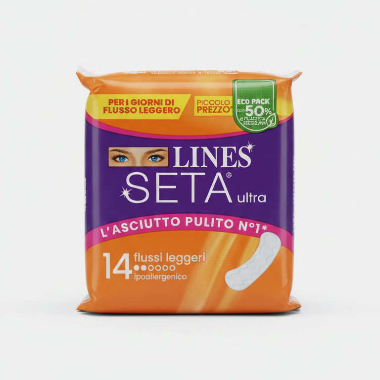 LINES Seta Ultra Assorbenti Flussi Leggeri 14 Pezzi | Sottili e Ipoallergenici | Con Nuova Molecola Anti-Odore Brevettata | Design Anatomico