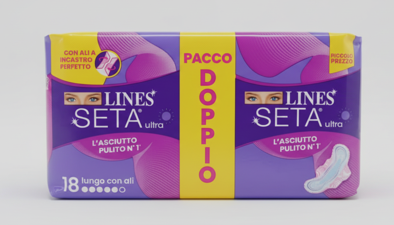 Lines Seta Ultra Lungo con Ali 18 Pezzi | Assorbenti Ultrasottili per Flussi Abbondanti | Tecnologia Instant Dry e Molecola N3 Anti-Odore