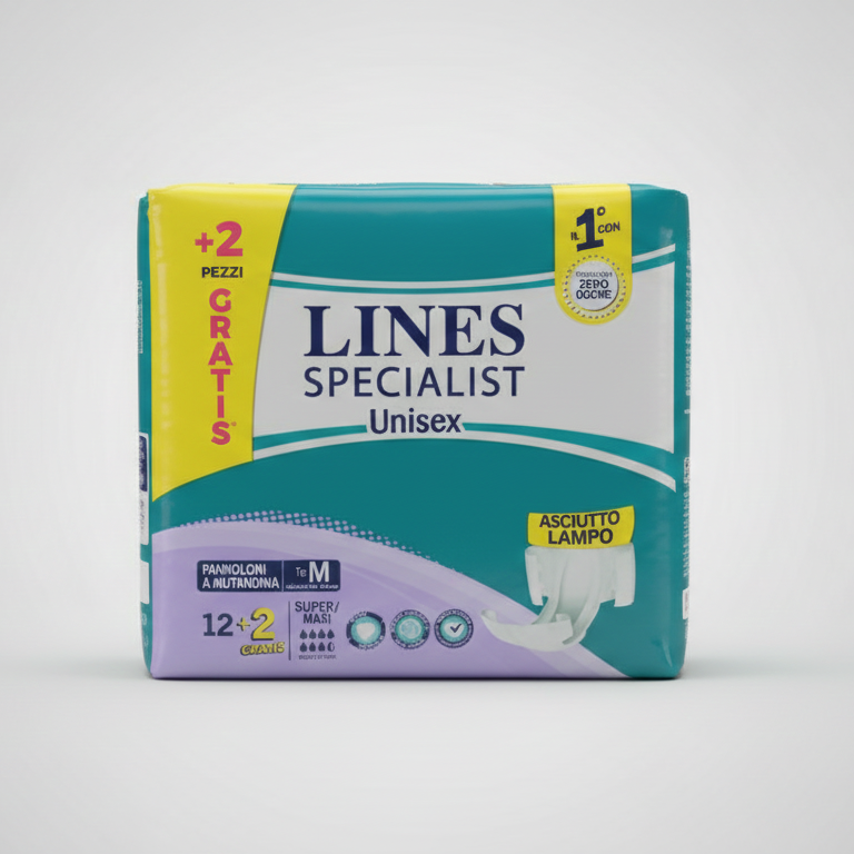 LINES Specialist Pannoloni a Mutandina Super Maxi Taglia M | 14 Pezzi (12+2) | Massima Assorbenza per Incontinenza Pesante | Tecnologia Zero Odore e Asciutto Rapido