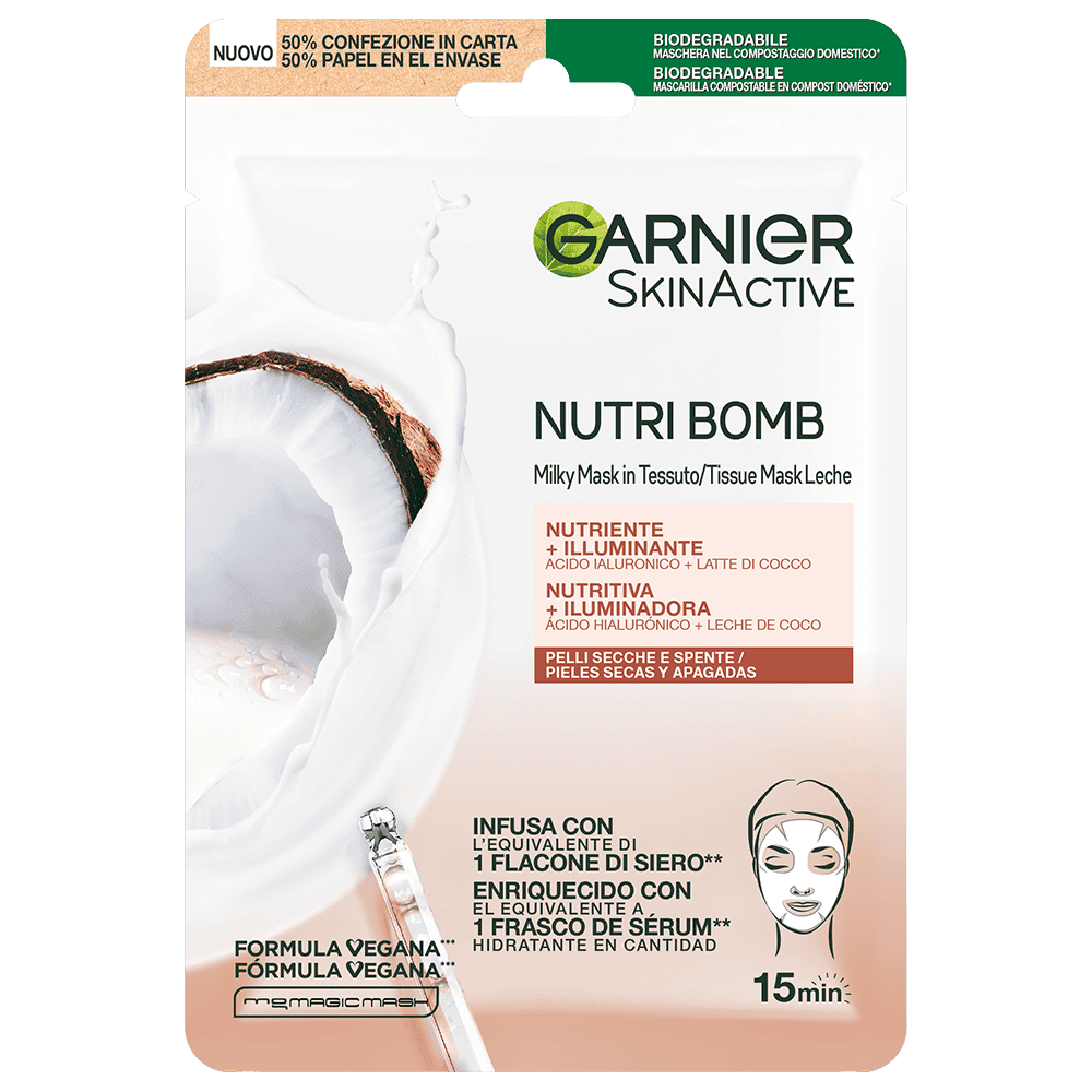 Garnier Nutri Bomb Maschera in Tessuto Latte di Cocco e Acido Ialuronico – Nutriente e Illuminante – Per Pelli Secche e Spente – 28g
