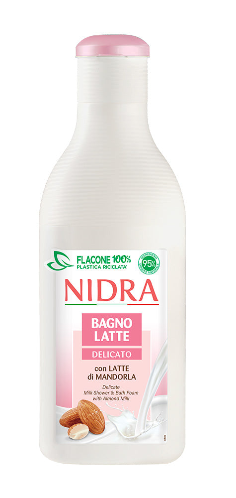 NIDRA Bagnolatte Delicato 750ml con Latte di Mandorla e Proteine del Latte 100% naturali, bagnodoccia delicato formulato con oltre il 95% di ingredienti di origine naturale, ideale per tutta la famiglia e per la pelle dei bambini, pH neutro, dermatologicamente testato, deterge con dolcezza lasciando la pelle morbida, nutrita e piacevolmente profumata.