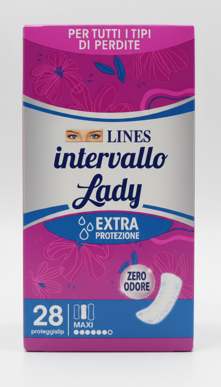 Lines Intervallo Lady Maxi Disteso 28 Pezzi | Proteggi-slip Extra Assorbente per Piccole Perdite | Tecnologia Zero Odore e Filtrante Traspirante