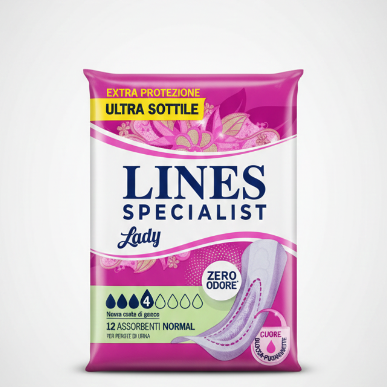 Lines Specialist Lady Normal Ultra Sottile 12 Pezzi | Assorbenti per Perdite Urinarie Leggere | Design Anatomico con Cuore Blocca-Fuoriuscite | Sistema Zero Odore e Barriere Protettive