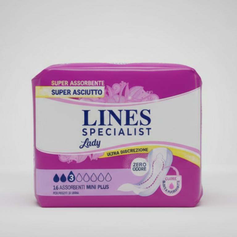 LINES SPECIALIST Mini Plus Assorbenti Donna 16 Pezzi | Ultra Sottili per Perdite Leggere | Tecnologia Zero Odore e Doppia Barriera Anti-Fuoriuscita