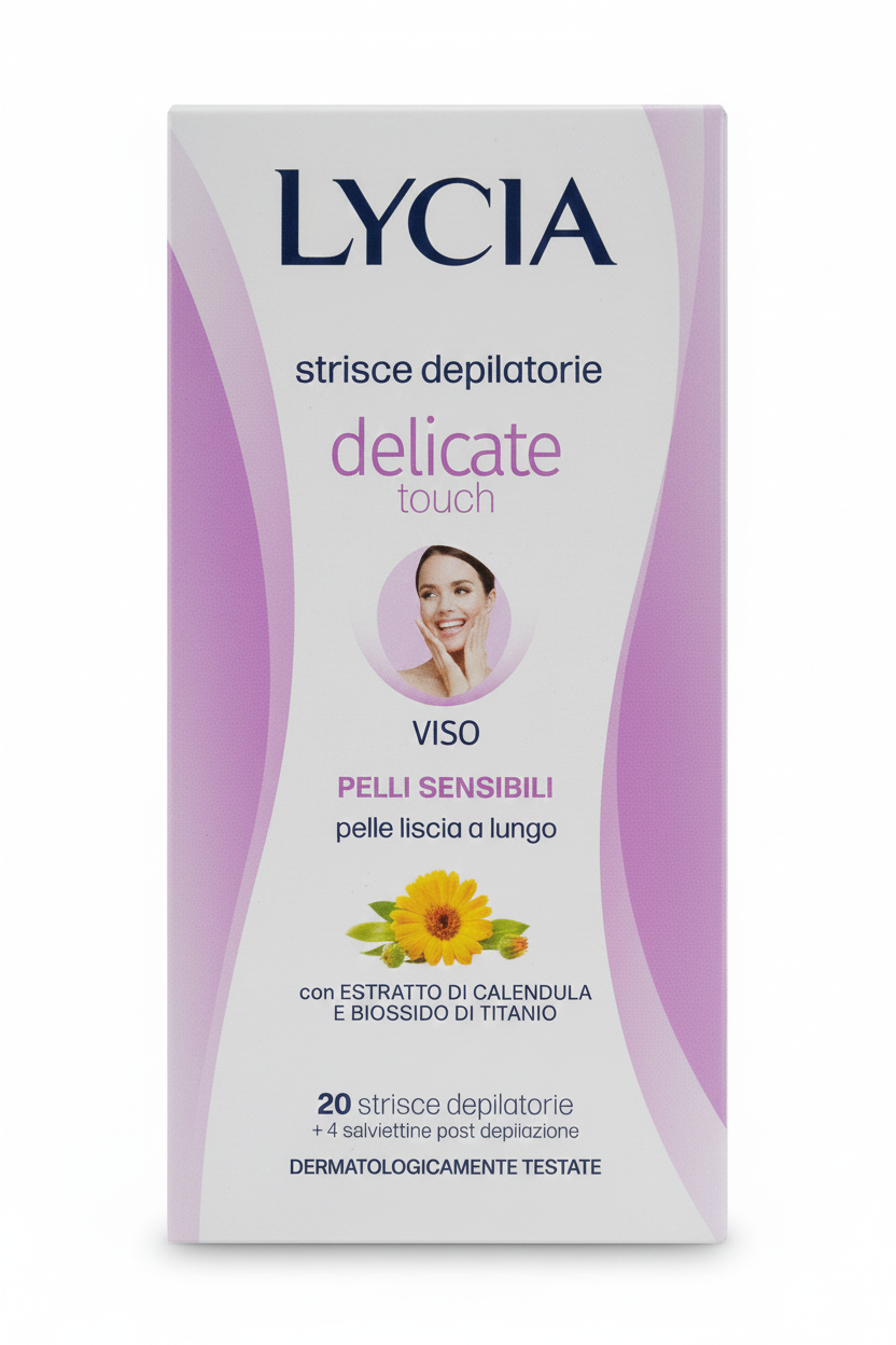Lycia Strisce Depilatorie Viso Delicate Touch 20pz | Per Pelli Sensibili | Con Estratto di Calendula e Biossido di Titanio | Azione Lenitiva Anti-Arrossamento | Pelle Liscia a Lungo
