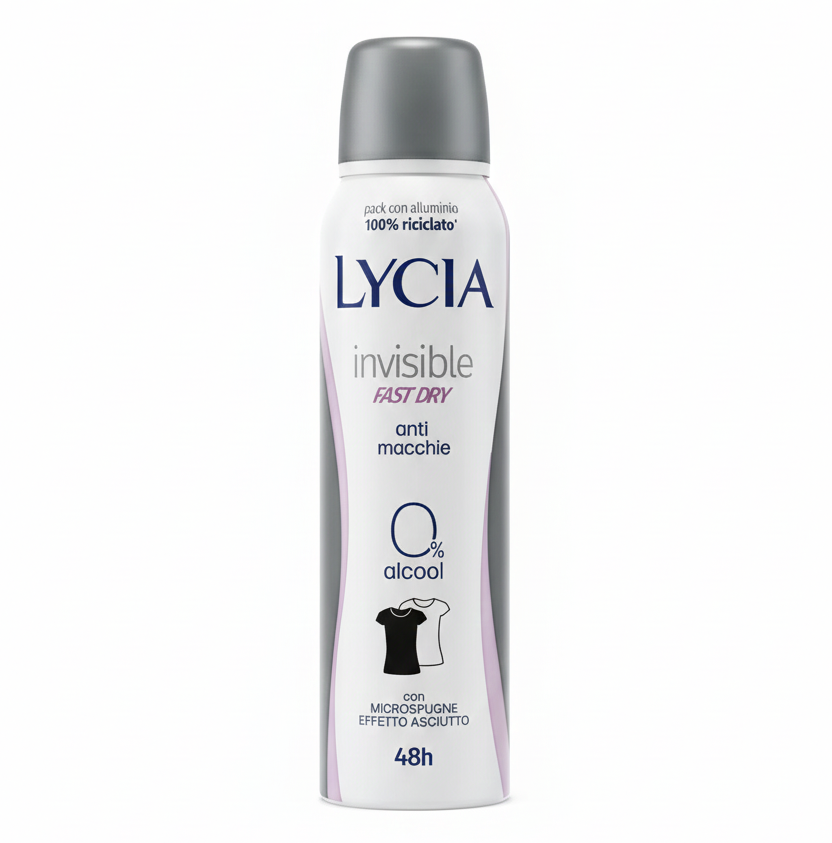 Lycia Invisible Fast Dry Deodorante Spray 150ml – 48H Protezione, Effetto Asciutto con Microspugne – Anti-Macchie & 0% Alcool