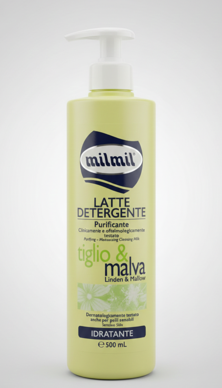 MIL MIL Latte Detergente 500 ml | Struccante Viso, Occhi e Labbra 3-in-1 | Purificante e Idratante con Tiglio e Malva | Clinicamente Testato | Maxi Formato