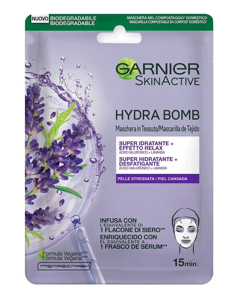 Garnier Hydra Bomb Maschera in Tessuto Super Idratante ed Effetto Relax – Con Acido Ialuronico e Olio Essenziale di Lavanda – Per Pelli Stressate – 28g
