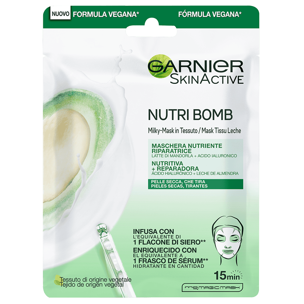Garnier Maschera in Tessuto Latte di Mandorla e Acido Ialuronico | Trattamento Nutriente Riparatore 28g | Per Pelli Secche e Molto Secche | Effetto Idratante 15 Minuti