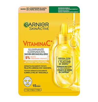 Garnier SkinActive Maschera in Tessuto Vitamina C e Niacinamide – Illuminante e Idratante – Per Pelli Spente e non Uniformi – 28g