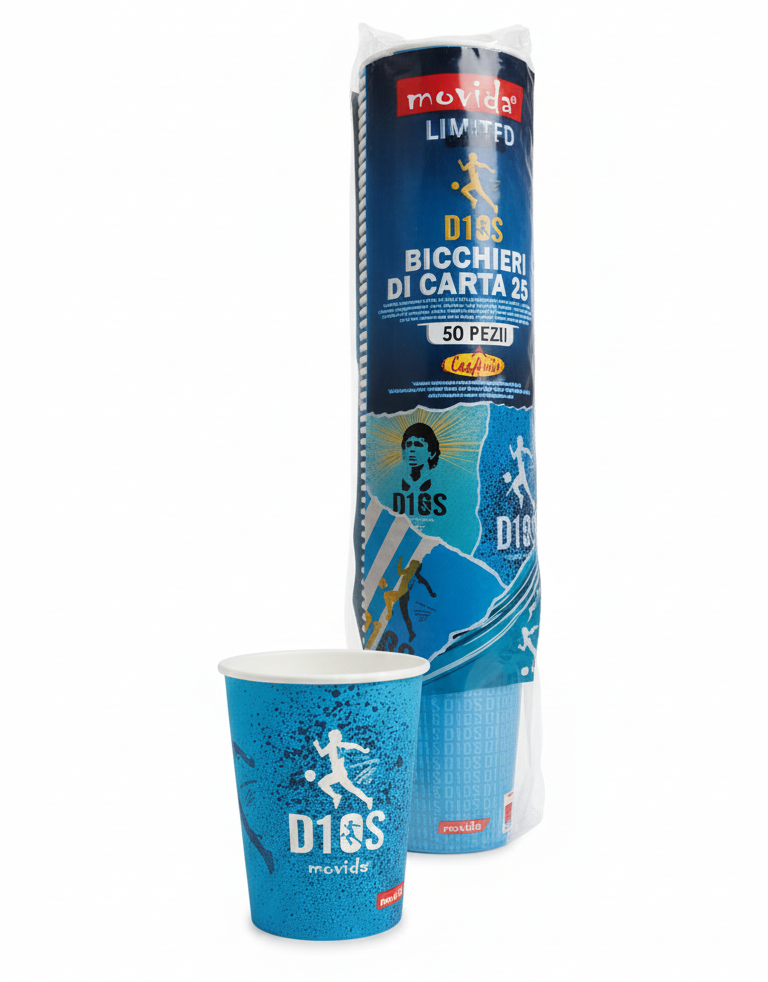 Movida Bicchieri di Carta D10S Limited Edition 250cc | 50 Pezzi | Omaggio a Maradona | Ideali per Feste Napoli e Argentina | Grafica Celebrativa Azzurro e Bianco