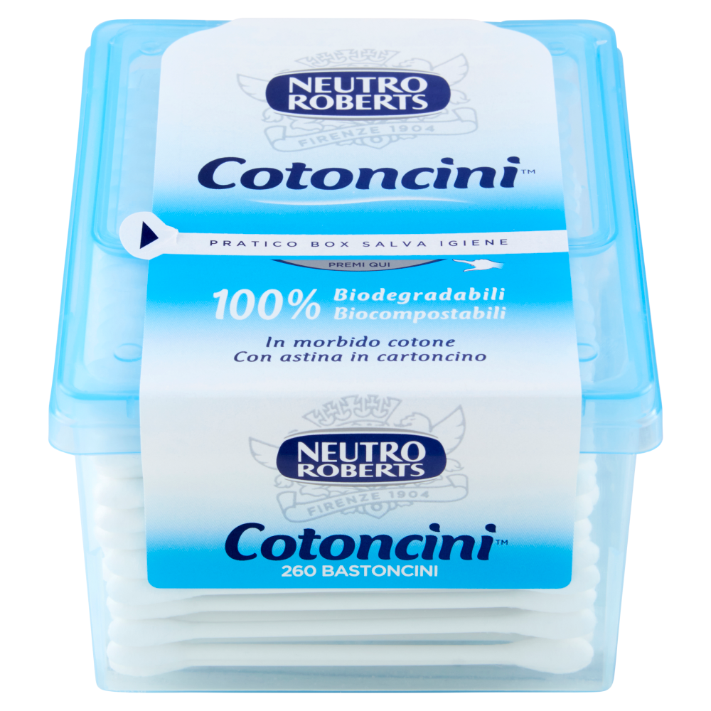 Neutro Roberts Maxi Cotoncini 260 Pezzi | Bastoncini in 100% Puro Cotone Biodegradabile | Astina in Cartoncino Plastic-Free | Igiene Delicata