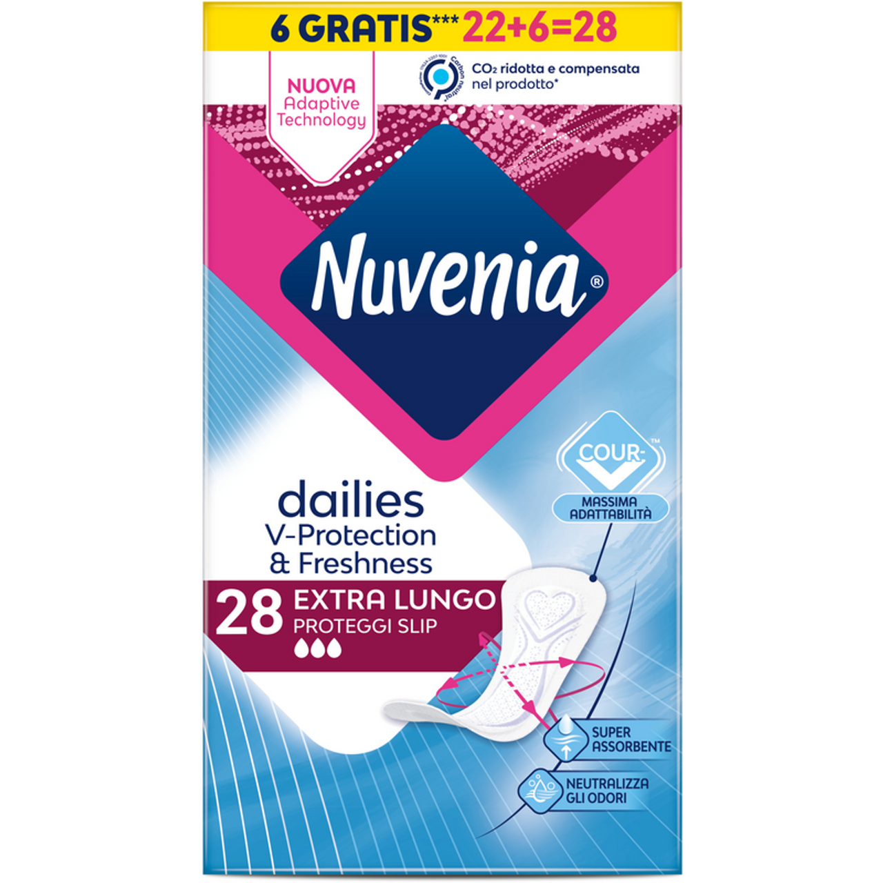 NUVENIA Proteggi Slip Cour-V™ Extra Lungo 28 Pezzi (22+6) | Salvaslip Body Adaptive per la V-Zone | Protezione Prolungata e Freschezza Quotidiana