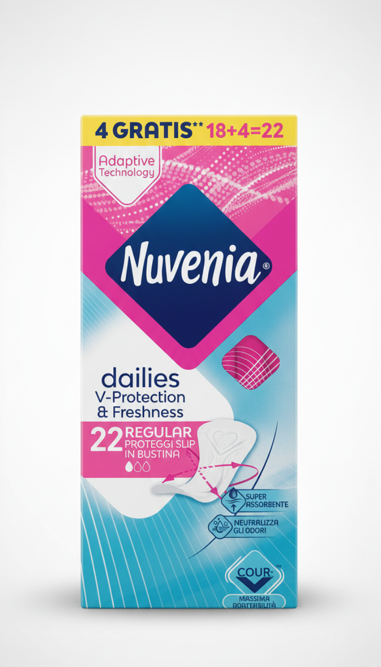 NUVENIA Regular Ripiegato 22 Pezzi | Proteggi Slip in Bustine Singole Igieniche | Tecnologia CurveFit per Massima Aderenza | Traspiranti e Dermatologicamente Testati