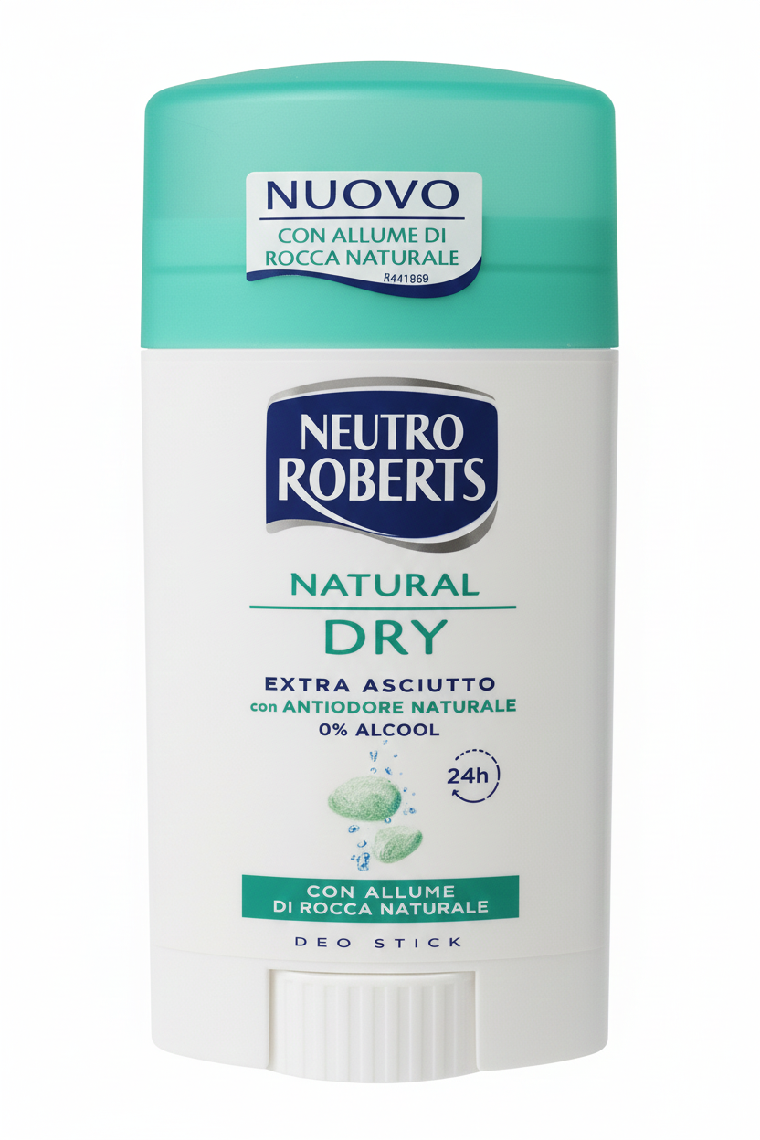Neutro Roberts Deodorante Natural Dry Stick 40ml | Extra Asciutto 24H con Allume di Rocca Naturale | 0% Alcool e Senza Parabeni | Protezione Delicata e Traspirante