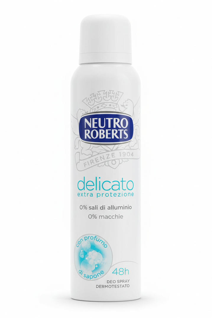 Neutro Roberts Deodorante Spray Delicato 150ml – 48H Zero Sali Alluminio – Anti-Macchie – Profumo Iconico – Con Glicerina