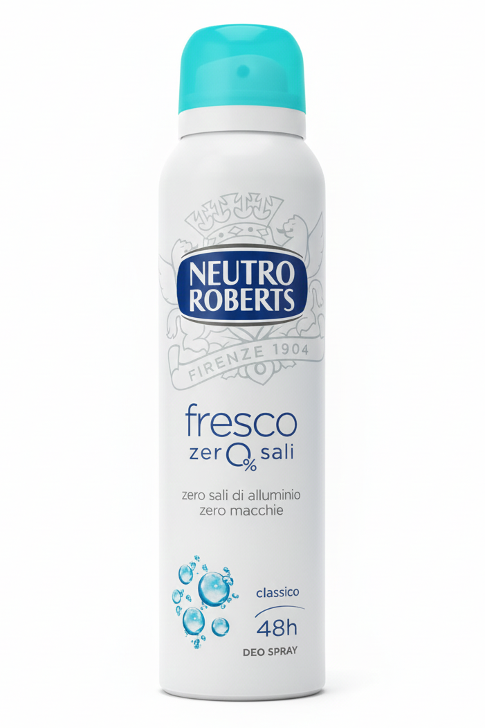 Neutro Roberts Deodorante Spray Zero Sali 150ml | 0% Sali di Alluminio | Formula Anti-Macchie Bianche e Gialle | Rispetta la Traspirazione Naturale | Senza Residui su Tessuti