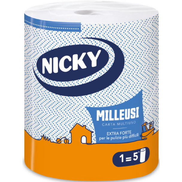 NICKY Bobina Asciugatutto Milleusi Forte – 1 Rotolo Extra Lungo – 250 Strappi – 3 Veli Super Assorbenti e Ultra Resistenti