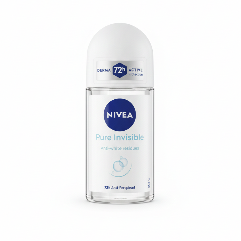 Deodorante roll-on NIVEA Pure Invisible 50 ml, protezione anti-traspirante 72 ore, anti-residui bianchi e asciugatura rapida.
