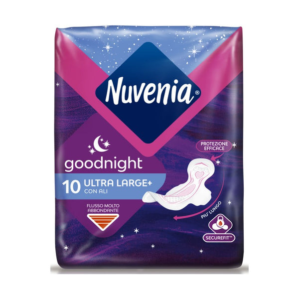 Nuvenia Goodnight Ultra Large+ Assorbenti Notte con Ali 10 Pezzi – Tecnologia Max Cour-V™ e Protezione 3X Zone Anti-Perdite