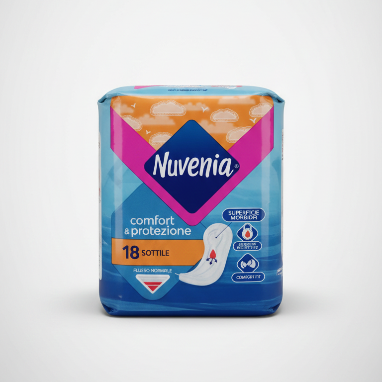 Nuvenia Sottile Comfort e Protezione Assorbenti Anatomici 18 Pezzi | Cuore Assorbente con Barriere Anti-Fuoriuscita | Design Ergonomico V-Zone | Superficie Morbida per Flusso Normale