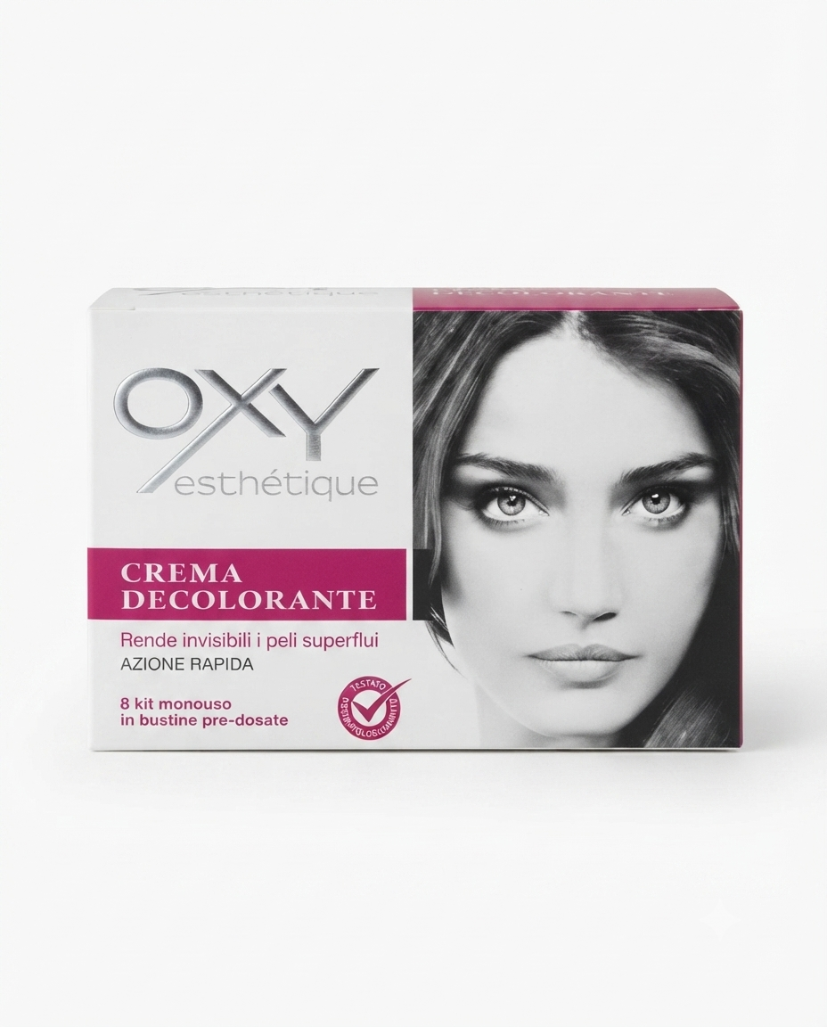 OXY Esthétique Crema Decolorante Peli Superflui 75 ml, kit con 8 applicazioni monouso dermatologiche per schiarire i peli superflui, trattamento delicato per viso e corpo.
