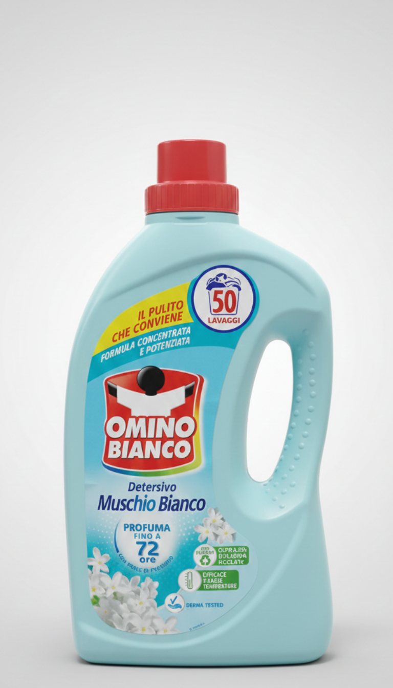 Omino Bianco Detersivo Lavatrice Liquido Muschio Bianco 2L | 50 Lavaggi | Azione Smacchiante Profonda | Profumo di Lunga Durata | Efficace a Basse Temperature