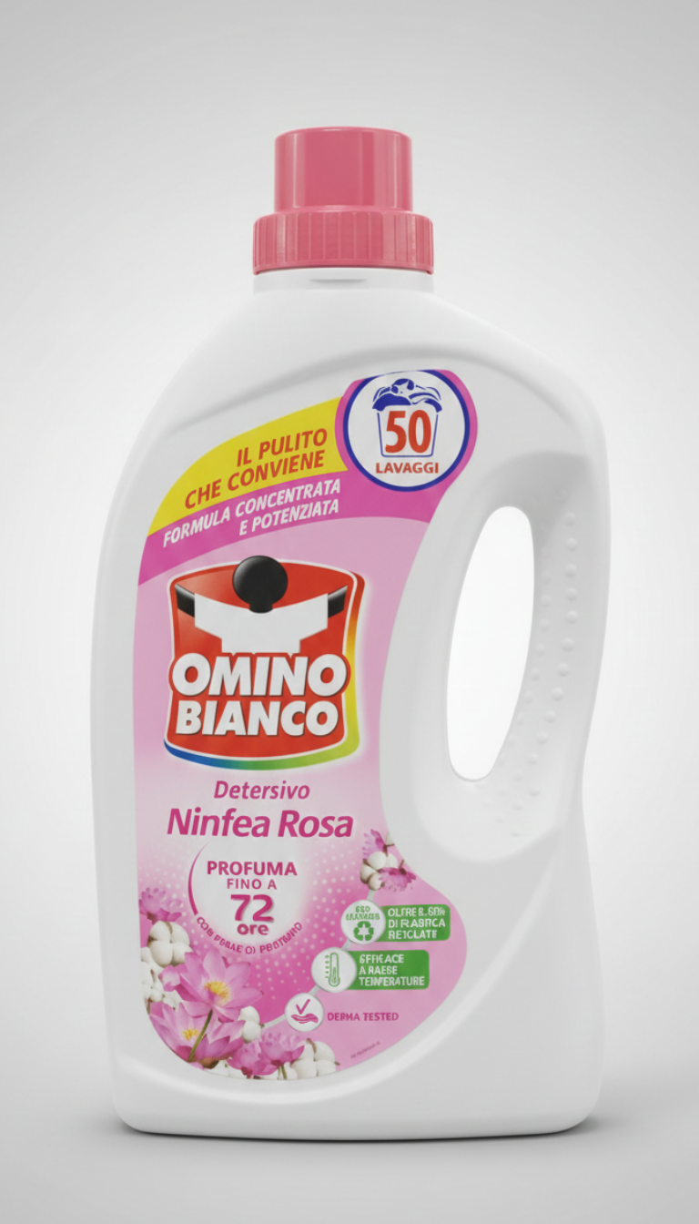 Omino Bianco Detersivo Lavatrice Liquido Ninfea Rosa 2L | 50 Lavaggi | Azione Smacchiante Profonda | Profumo Fiorito Persistente | Rispetta Fibre e Colori