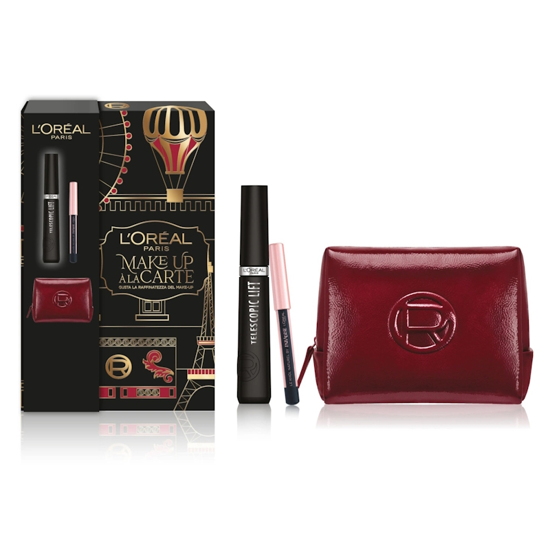 L'Oréal Paris Kit Regalo Pochette Telescopic Lift – Mascara Allungante +5mm e Volume 36H (9,9 ml) con Mini Matita Occhi Le Khôl Nera – Esclusiva Pochette in Vernice Rossa