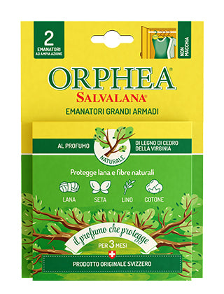 Orphea Salvalana Emanatori per Grandi Armadi e Cabine – Profumo Legno di Cedro della Virginia – 2 Pezzi in Pura Cellulosa – Protezione 3 Mesi